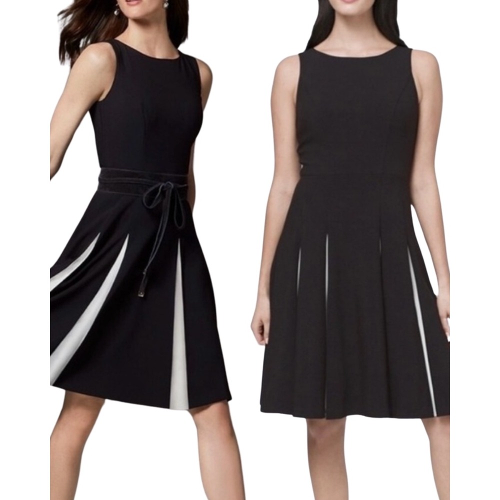 WHBM Black White Peekaboo Contrast Pleated Sleeveless Fit n Flare Dress Size 12